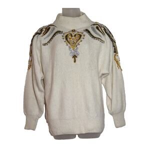 Vtg Diani Sweater Sz Small Silk Angora Wool + Ivory Embellished Mob Wife Glam